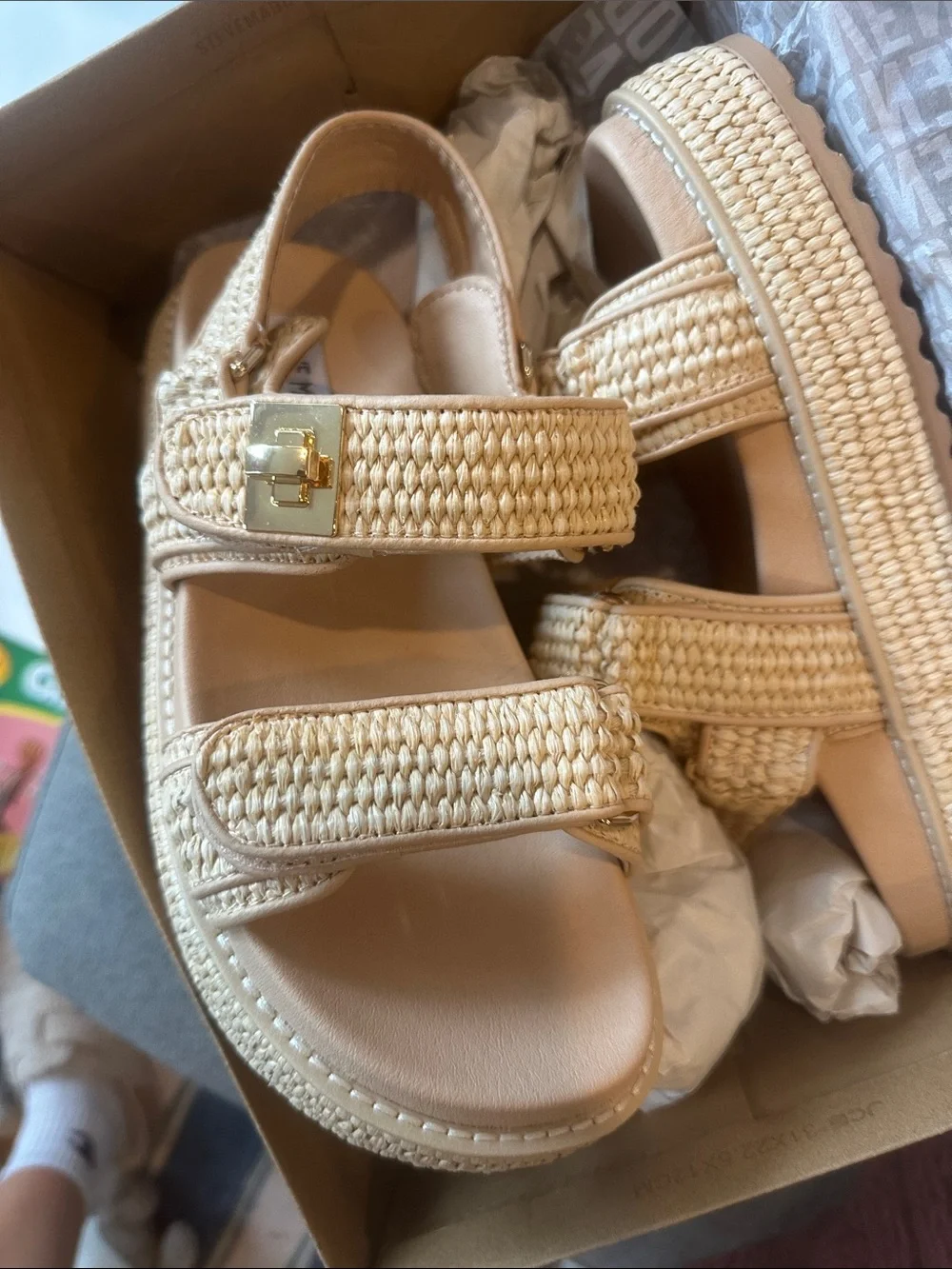 Steve Madden Beige Woven Platform Sandals with Gold Buckle